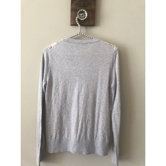LOFT Womens Size M Cardigan Sweater Button Front Gray White Lace Crochet Front - Picture 4 of 5